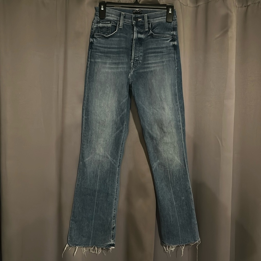 MOTHER jeans w/ slight tear below button fly closure. Tripper ankle fray,size 27